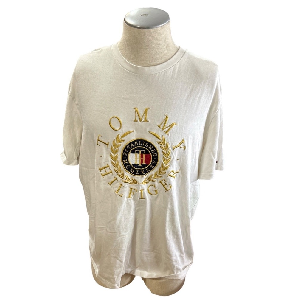 Tommy Hilfiger Mens T Shirt XL White Short Sleeve Embroidered Crest Logo